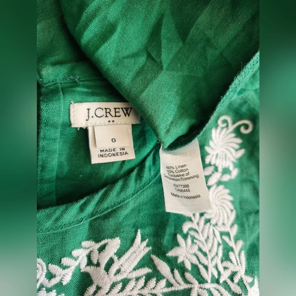 J. Crew Green Sleeveless Blouse with White Floral Embroidery